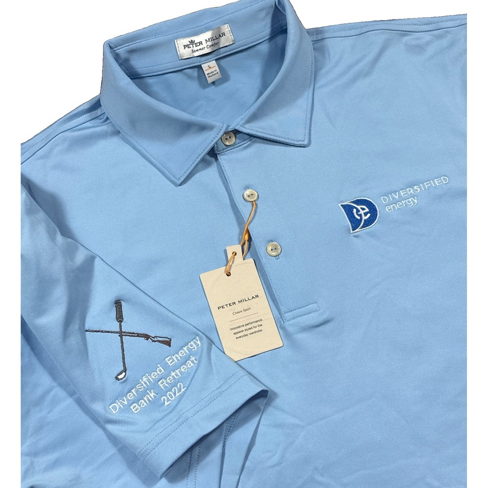 Peter Millar Summer Comfort Polo L Blue Golf Shirt NWT $94 Diversified Energy